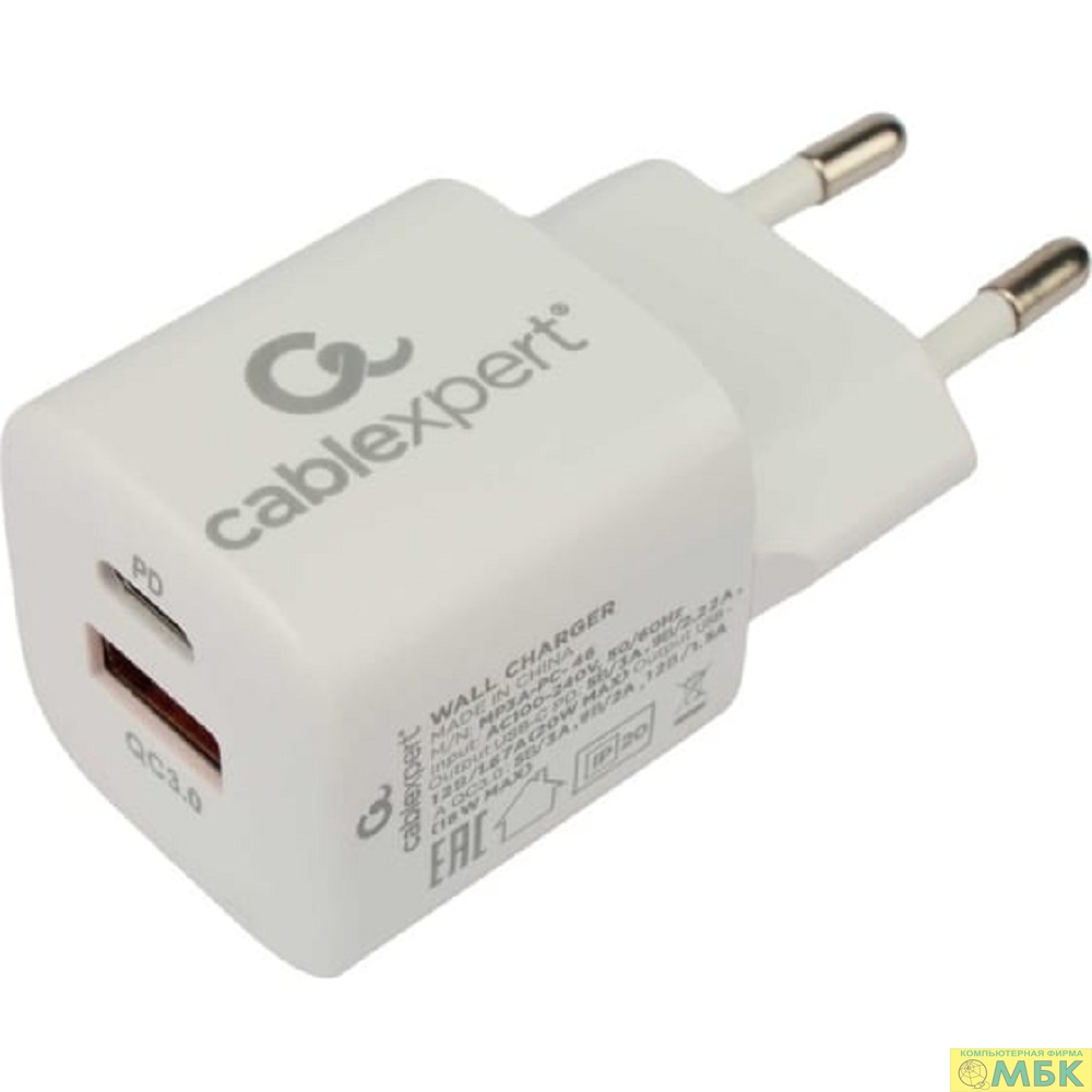 картинка Cablexpert Зарядное устройство 20Вт, 3А, QC3.0/PD, 1xUSB, 1xType-C, белый, пакет (MP3A-PC-46) от магазина МБК