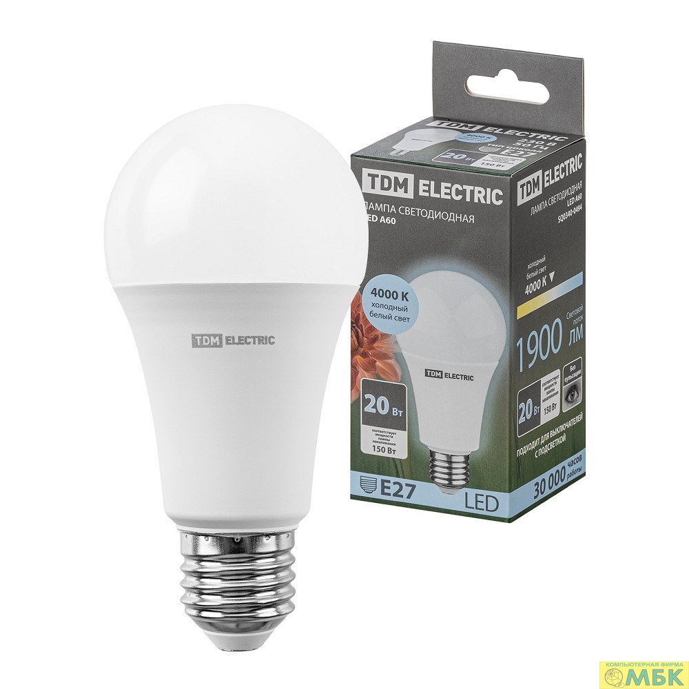картинка TDM SQ0340-0494 Лампа светодиодная А60 20 Вт, 230 В, 4000 К, E27 от магазина МБК