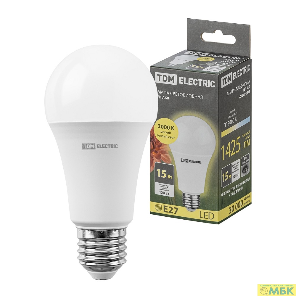 картинка TDM SQ0340-0379 Лампа светодиодная А60 15 Вт, 230 В, 3000 К, E27 от магазина МБК
