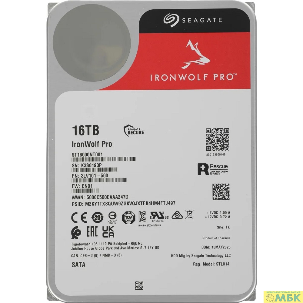 картинка 16TB Seagate Ironwolf Pro (ST16000NT001) {SATA 6 Гбит/с, 7200 rpm, 256mb buffer, для NAS} от магазина МБК