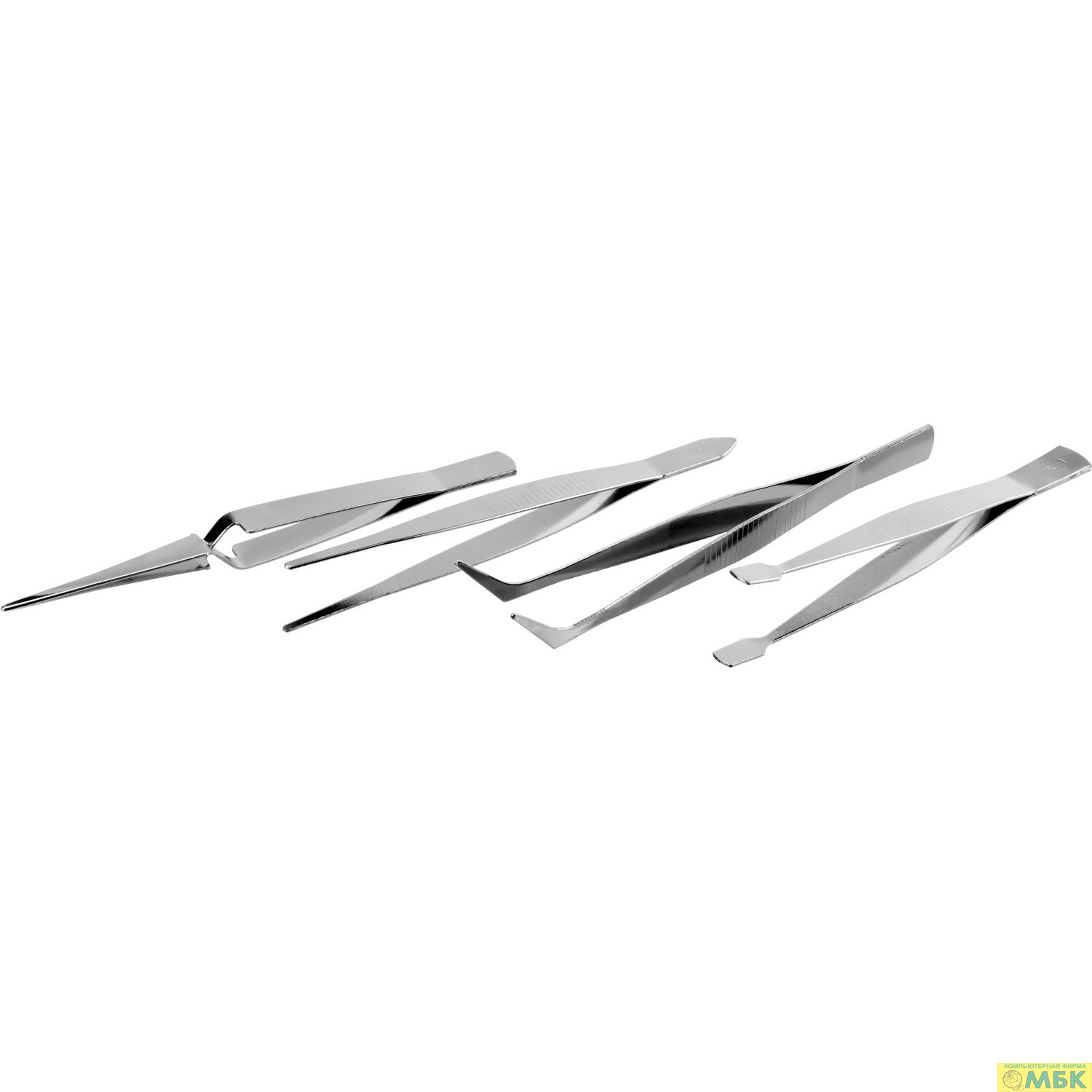 картинка ЗУБР Набор: Пинцеты, нержавеющая сталь, прямой, заостренные губки, изогнутый, самозажимной прямой, плоские и широкие губки, 120мм [22215-H4] от магазина МБК