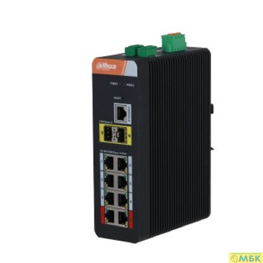 картинка DAHUA DH-IS4210-8GT-120 10-портовый гигабитный управляемый коммутатор с PoE, промышленное исполнение, 8xRJ45 1Gb PoE, 2xSFP 1Gb uplink, суммарно 120Вт, коммутация 20 Гбит/с, MAC-таблица 8К от магазина МБК