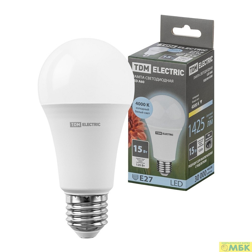 картинка TDM SQ0340-0380 Лампа светодиодная А60 15 Вт, 230 В, 4000 К, E27 от магазина МБК