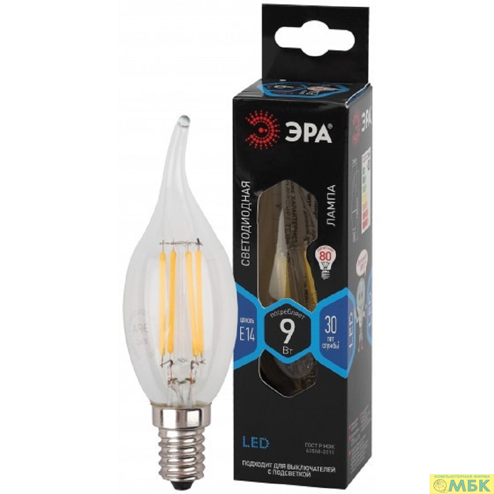 картинка ЭРА Б0047005 Лампочка светодиодная F-LED BXS-9W-840-E14 Е14 / Е14 9Вт филамент свеча на ветру нейтральный белый свет от магазина МБК