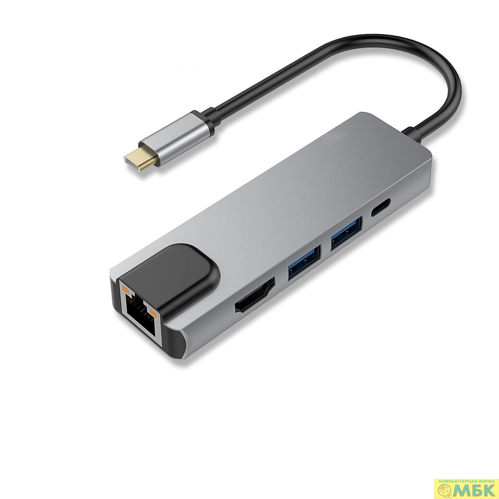 картинка Bion Мульти переходник USB Type-C - USB Type-C/2*USB-A 3.0/HDMI/RJ-45 1000мб/с, 60W, алюминиевый корпус, длинна кабеля 10 см [BXP-A-USBC-MULTI-03] от магазина МБК
