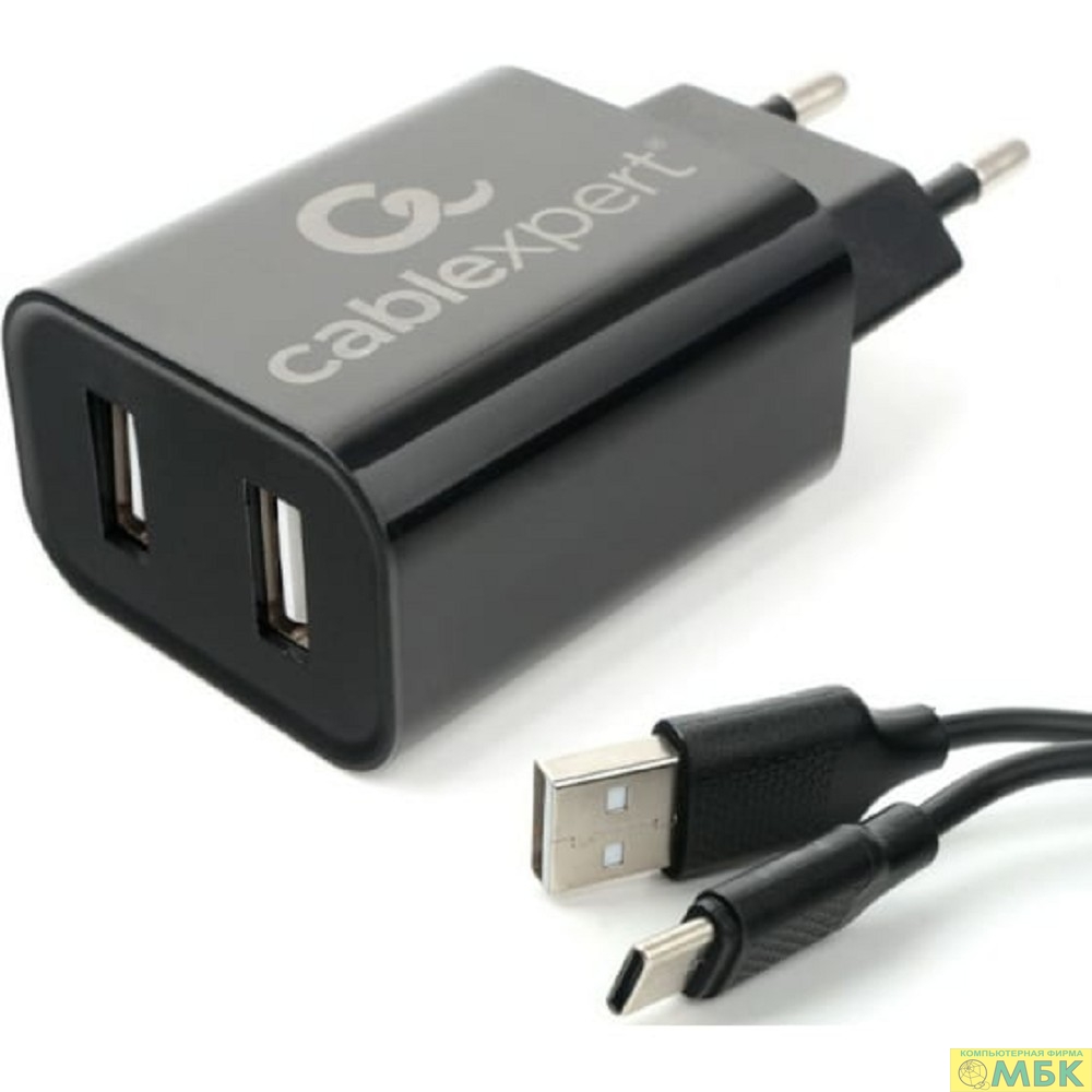 картинка Cablexpert Адаптер питания USB 2 порта, 2.4A, черный + кабель 1м Type-C (MP3A-PC-37) от магазина МБК