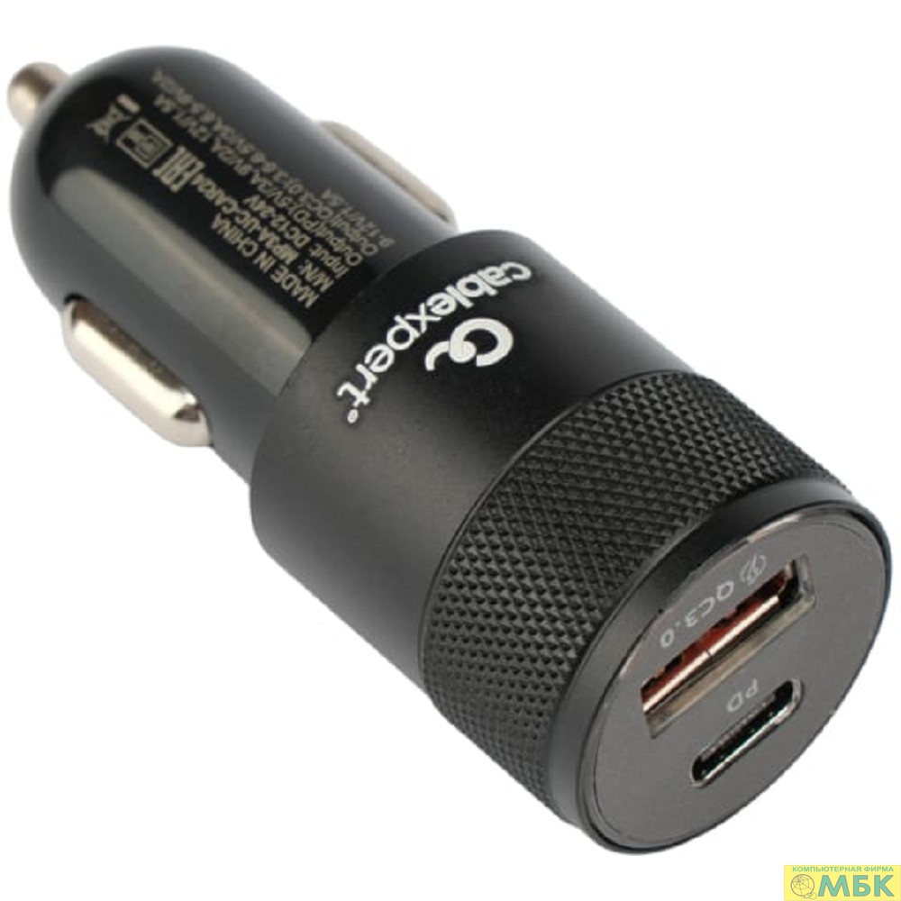 картинка Cablexpert Автомобильное зарядное устройство 38Вт, 3А, QC3.0/PD, 1xUSB, 1xType-C, черный, пакет (MP3A-UC-CAR24) от магазина МБК