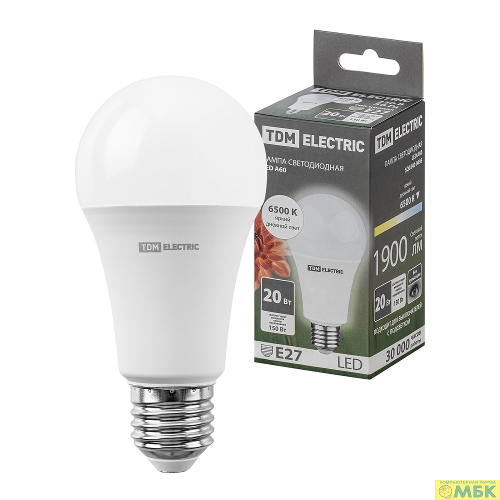 картинка TDM SQ0340-0495 Лампа светодиодная А60 20 Вт, 230 В, 6500 К, E27 от магазина МБК
