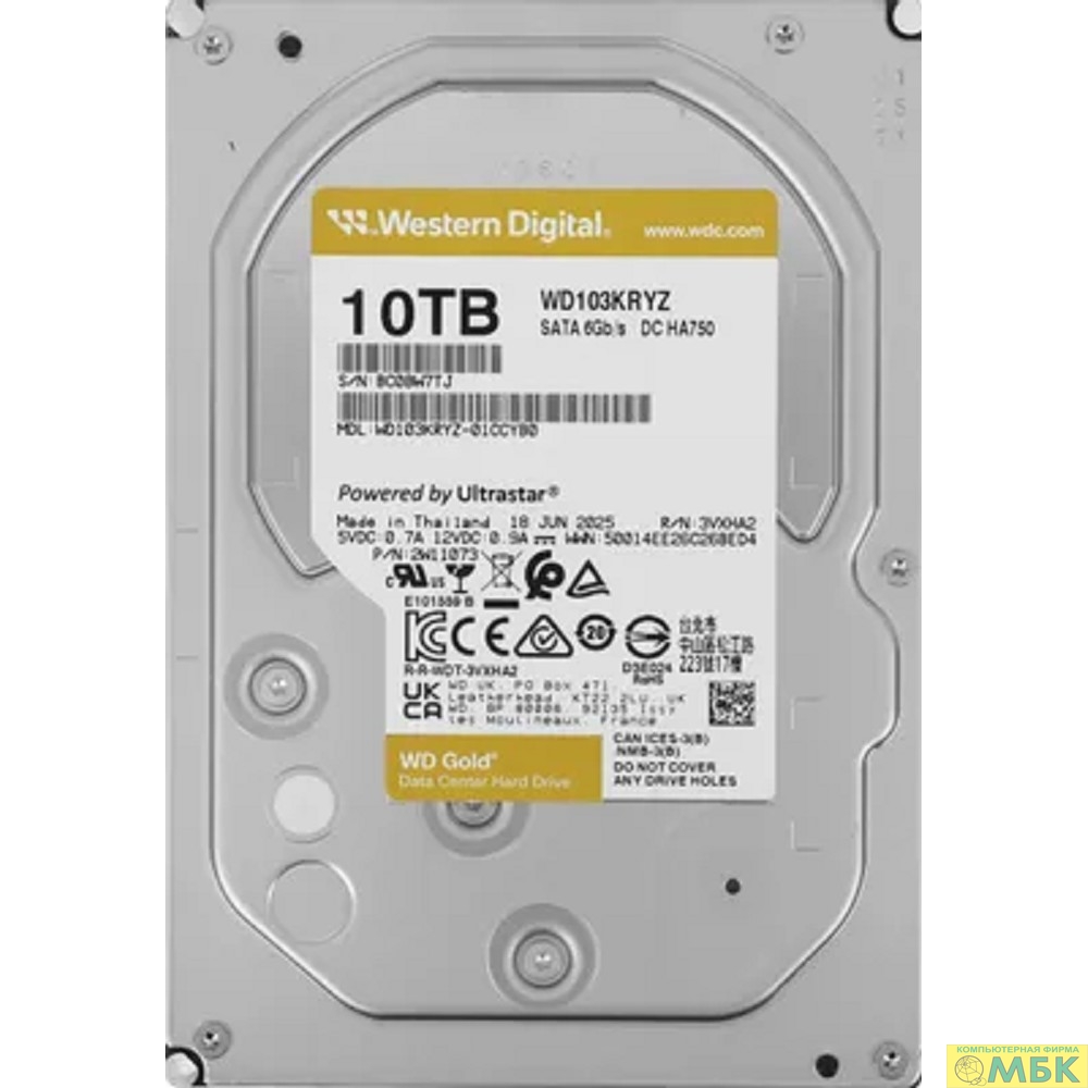 картинка 10TB WD Gold  (WD103KRYZ) {SATA III 6 Gb/s, 7200 rpm, 512Mb buffer} от магазина МБК